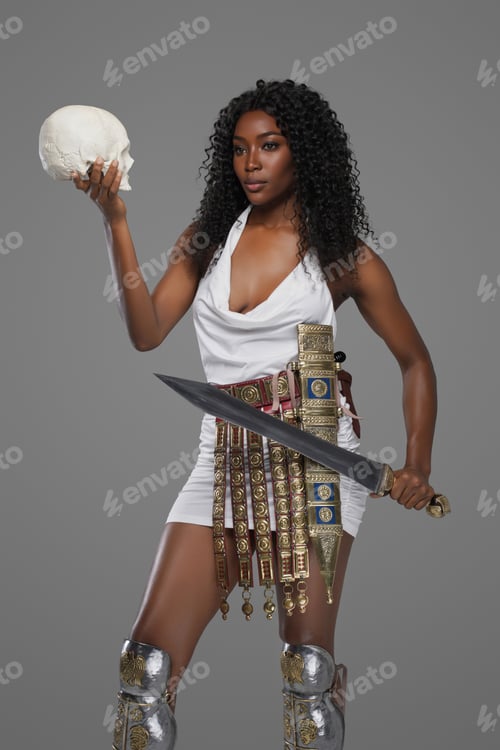Preview: Dark-skinned model in white tunic an ornate belt holds gladius sword and skull