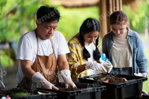 Preview: Children and teacher learning plant fruit and vegetable agriculture laughing scary earthworm