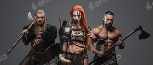 Preview: Strong female viking with red hairs and two vikings