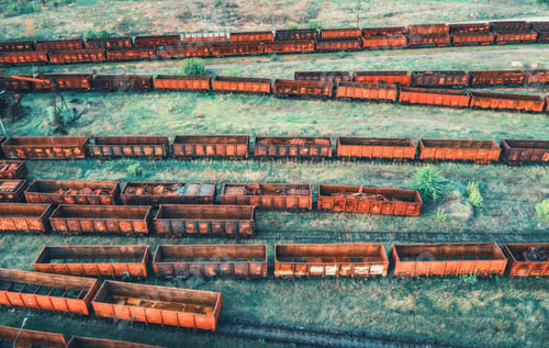 Preview: Aerial view of freight trains. Top view of old rusty wagons
