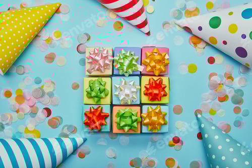 Preview: Top view of colorful gifts with bows, party hats and confetti on blue background