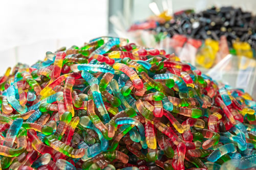 Preview: Juicy colorful jelly sweets, gummy candies, snakes.