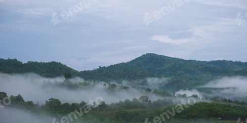 Preview: Landscape image of greenery mountains and forest on foggy morning