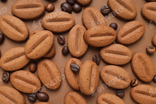 Preview: Concept of tasty snack for hot drink - cookies in the shape of coffee seeds
