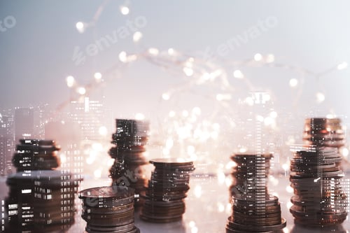 Preview: Double Exposure Of City View And Rows Of Coins For Finance , Money , Investment And Business