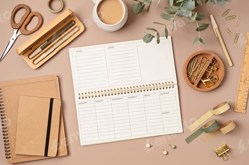 Preview: Mockup of weekly planner and office stationery