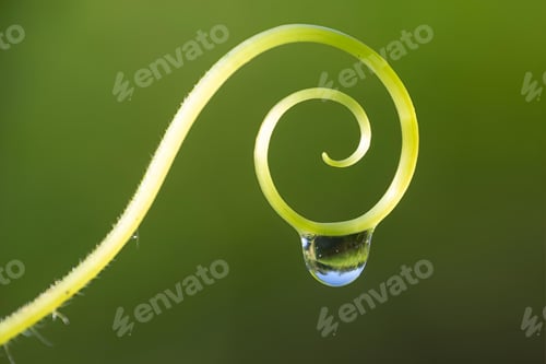 Preview: Close-up of a water droplet hanging on a green tendril