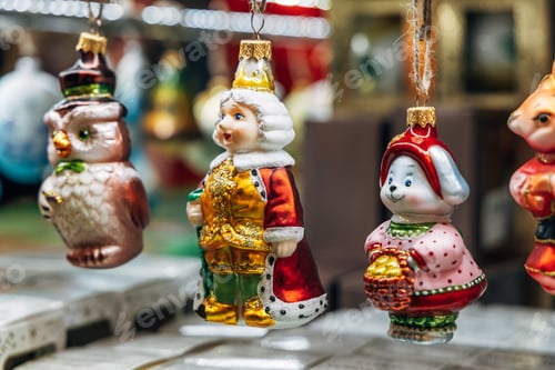 Preview: Christmas tree decorations on a store counter close-up