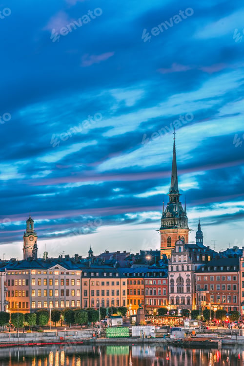 Preview: Stockholm, Sweden. Scenic View Of Skyline At Evening Night.