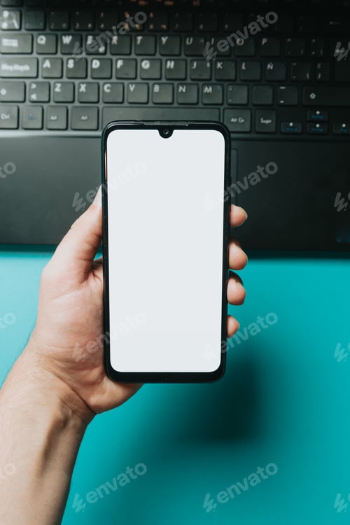 Preview: Flat lay design of a working space over blue pastel background. Mobile phone with blank space