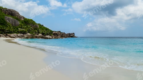 Preview: white tropical beach with huge boulders and palm trees Coco Island Tropical Seychelles Islands
