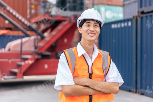 Preview: Portrait of Young Asian engineer working in container termainal port.