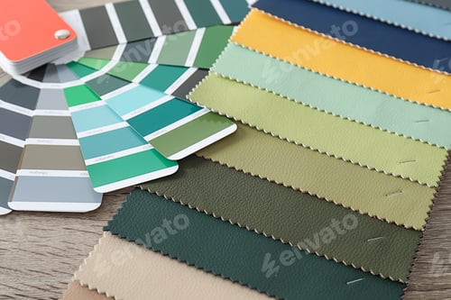 Preview: Upholstery fabric samples and color palette on table. Interior design