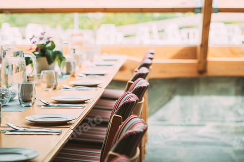 Preview: Cozy Interior Of Summer Cafe. Table And Cutlery Laid Out
