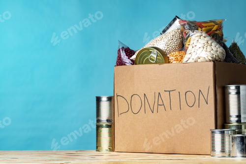 Preview: Food donations on the table. Text Donation