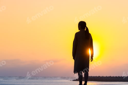 Preview: Silhouette of woman stand at sunset in the beach