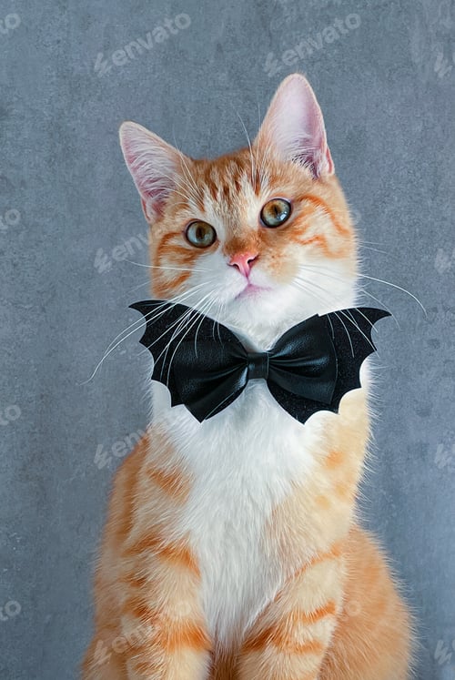 Preview: Cute ginger cat with pink nose, green eyes, white shirtfront and black butterfly tie shaped as a bat