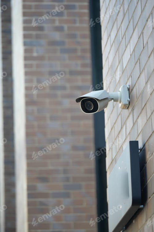 Preview: Security camera mounted on a brick wall beside an entrance