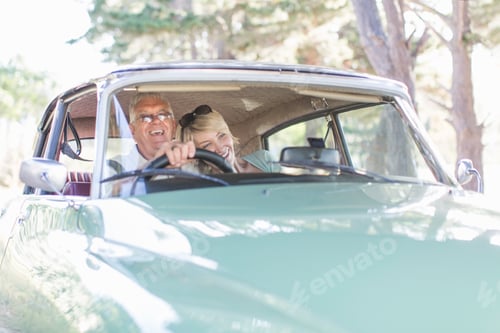 Preview: Senior man and mature woman in car together, smiling
