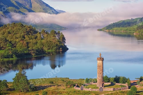 Preview: High angle of the Jacobite monument overlooking Loch Shiel, Glenfinnan, Scotland on a misty morning