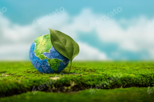 Preview: Globe with Green Leaf on Green Nature background. Environmental sustainability, Earth Day