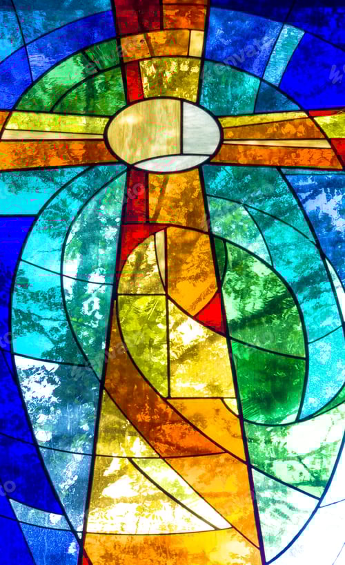Preview: Stained glass cross in bright vivid colors in a church. Ideal for events, concepts and backgrounds.