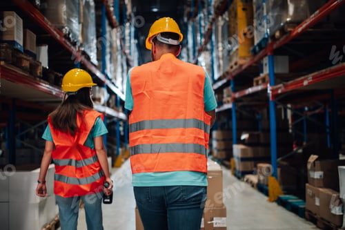 Preview: Warehouse workers walking through storage room aisles