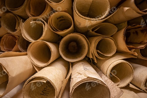Preview: Vintage scribe library. Retro futhpak scrolls stacked on a pile.