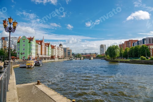Preview: Scenic view of the Fish Village in Kaliningrad with colorful buildings along the Pregolya river