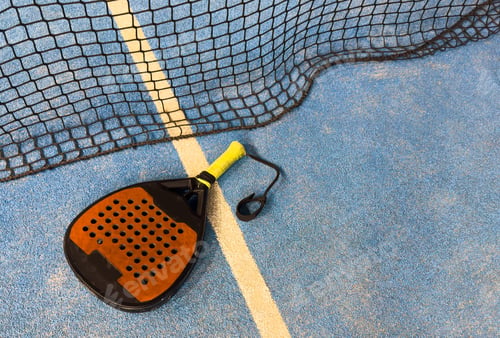 Preview: A padel or paddle tennis racket and a bright yellow tennis ball lie on a blue court. The net and a