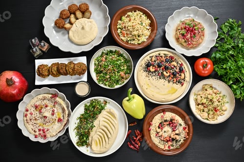 Preview: a variety of bowls of food sit on top of a black table