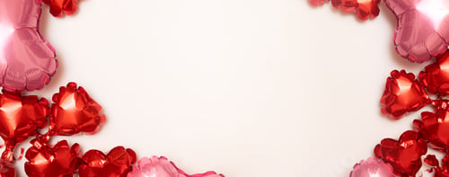 Preview: Valentines Day banner from foil balloons in the shape heart on beige background with copy space