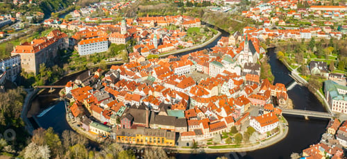 Preview: Aerial view of old town of Cesky Krumlov surrounded by river Vltava, Czech Republic