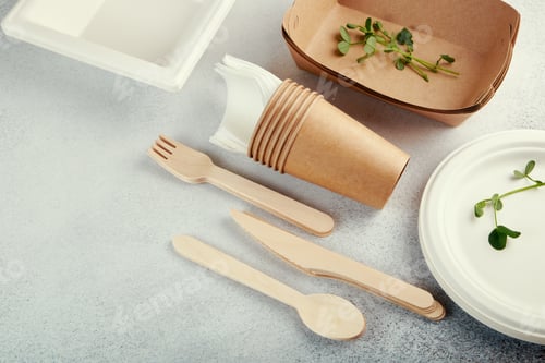 Preview: Biodegradable disposable tableware. Paper plates, cups, boxes. Wooden cutlery.