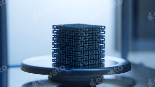 Preview: Close-up of cube in laboratory. Stock footage. Futuristic 3D cube lies in scientific laboratory