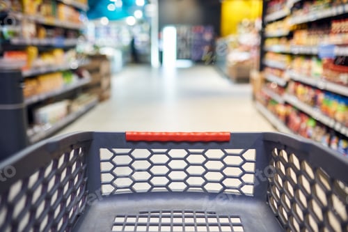 Preview: Abstract blurred photo of empty trolley in supermarket