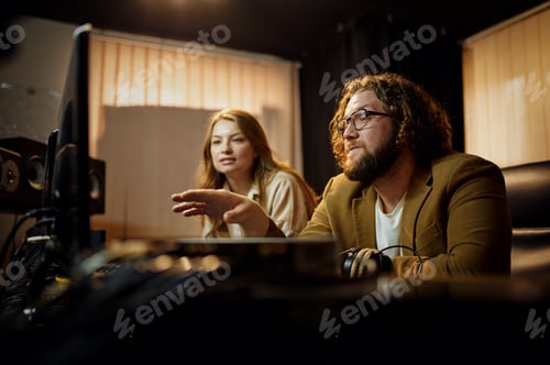 Preview: Male producer and female singer, recording studio