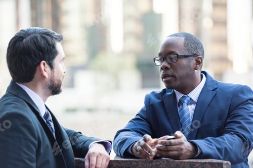Preview: Two businessmen talking outdoors