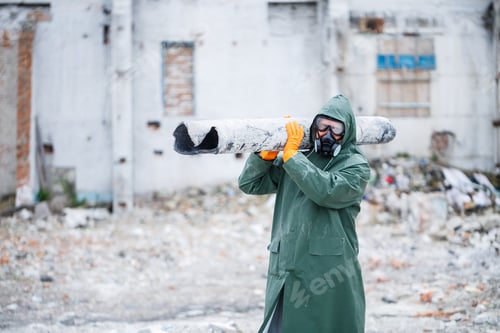 Preview: A man in a protective mask and protective clothing explores the danger zone. Ecological catastrophe