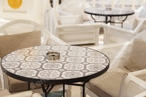 Preview: Round marble stone tables in the outdoor restaurant