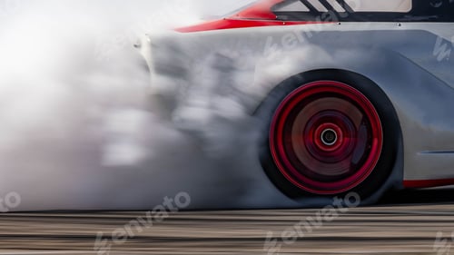 Preview: Blurred car drifting diffusion race drift car with lots of smoke from burning tires on speed track.