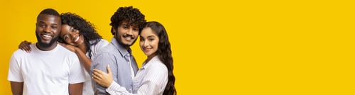 Preview: Cheerful multiracial young people lovers posing on yellow, collage