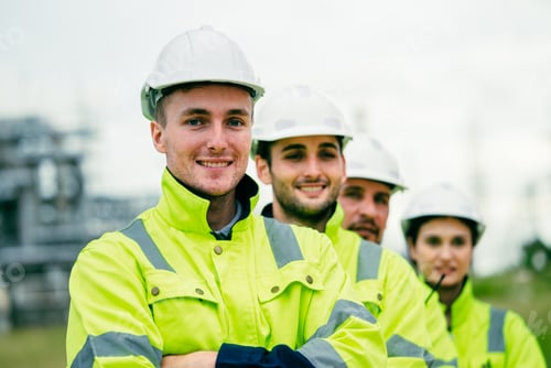Preview: Engineer worker in arms crossed standing in a row looking smile to camera