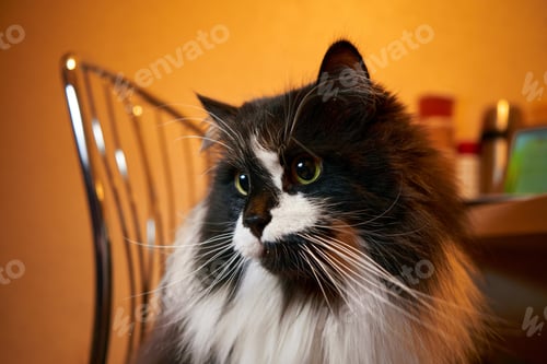 Preview: fluffy black and white cat on the ogange background