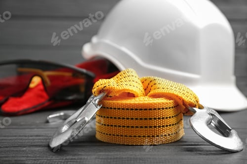 Preview: Yellow rope and blurred safety equipment on background. Space for text
