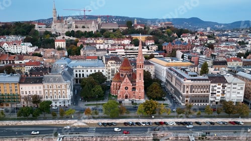 Preview: Aerial view of Budapest city skyline, Szilagyi Dezso Square Reformed Church
