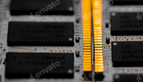 Preview: Macro Close up of computer RAM chip and motherboard