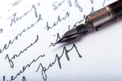 Preview: Writing with a fountain pen on white paper showing cursive words and a fine nib