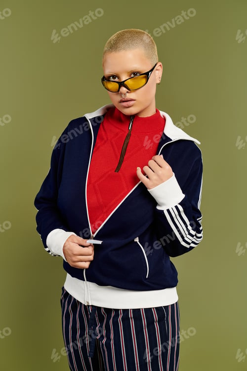 Preview: A young bald woman in vibrant attire poses confidently against a green backdrop