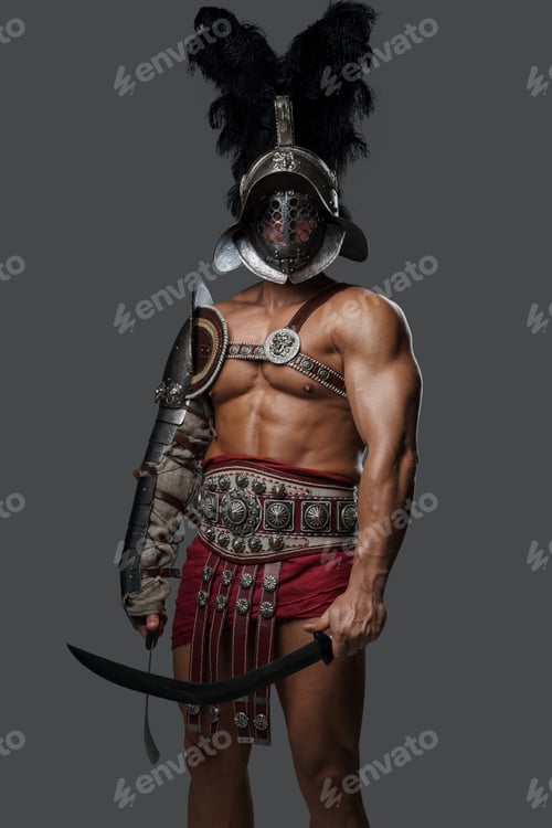 Preview: Roman gladiator with plumed helmet holding two swords